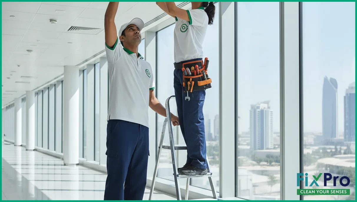 Two FixPro cleaners in uniform removing vent cover in Abu Dhabi office hallway