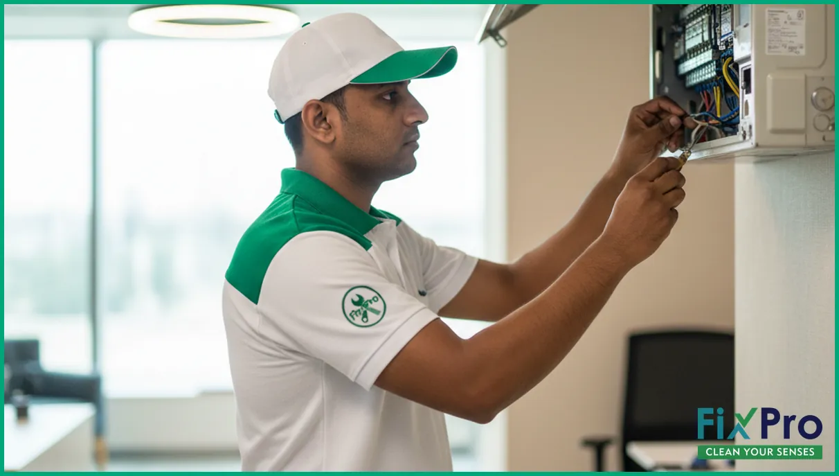 FixPro technician in UAE checking AC electrical connections