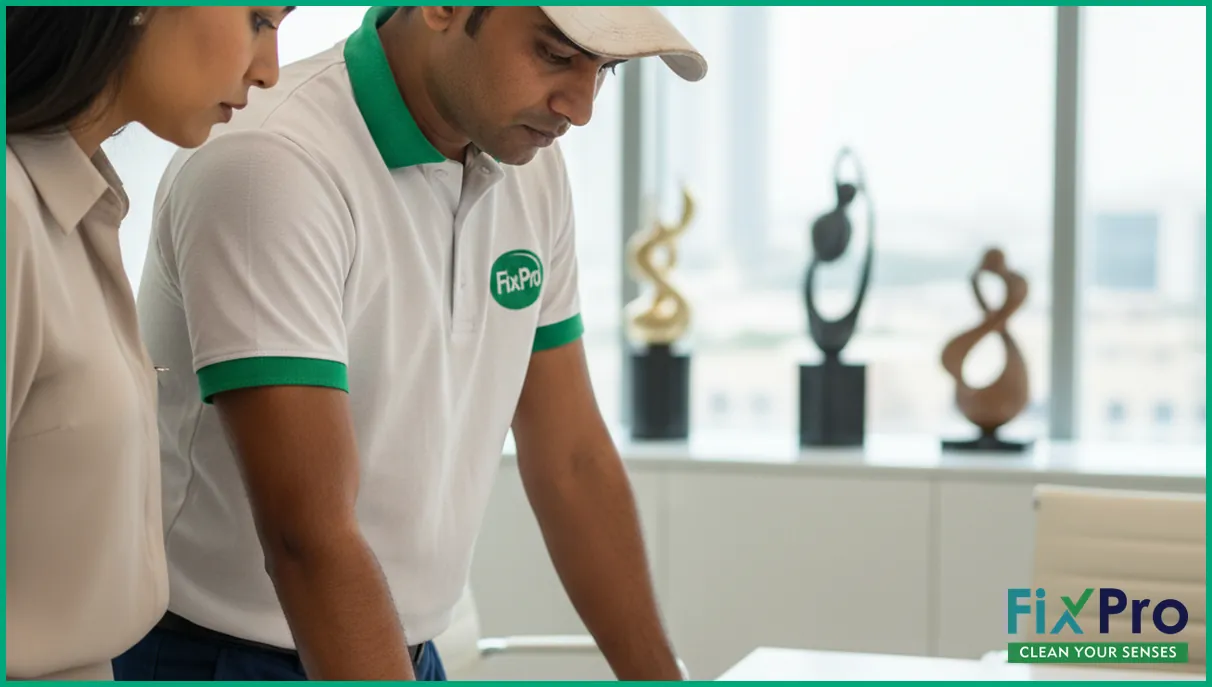 FixPro technician and client reviewing AC maintenance checklist in UAE office